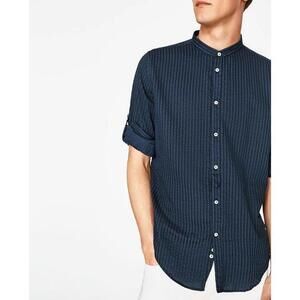 ZARA NWT MENS MANDARIN COLLAR STRIPED TEXTURED SHIRT IN NAVY-SIZE MEDIUM